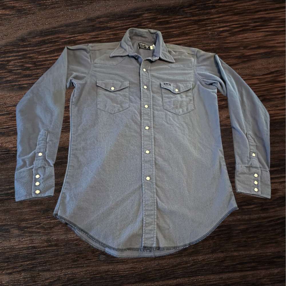 Wrangler Western Snap Shirt Mens L Blue Gray Pearl Snap Flannel - Read